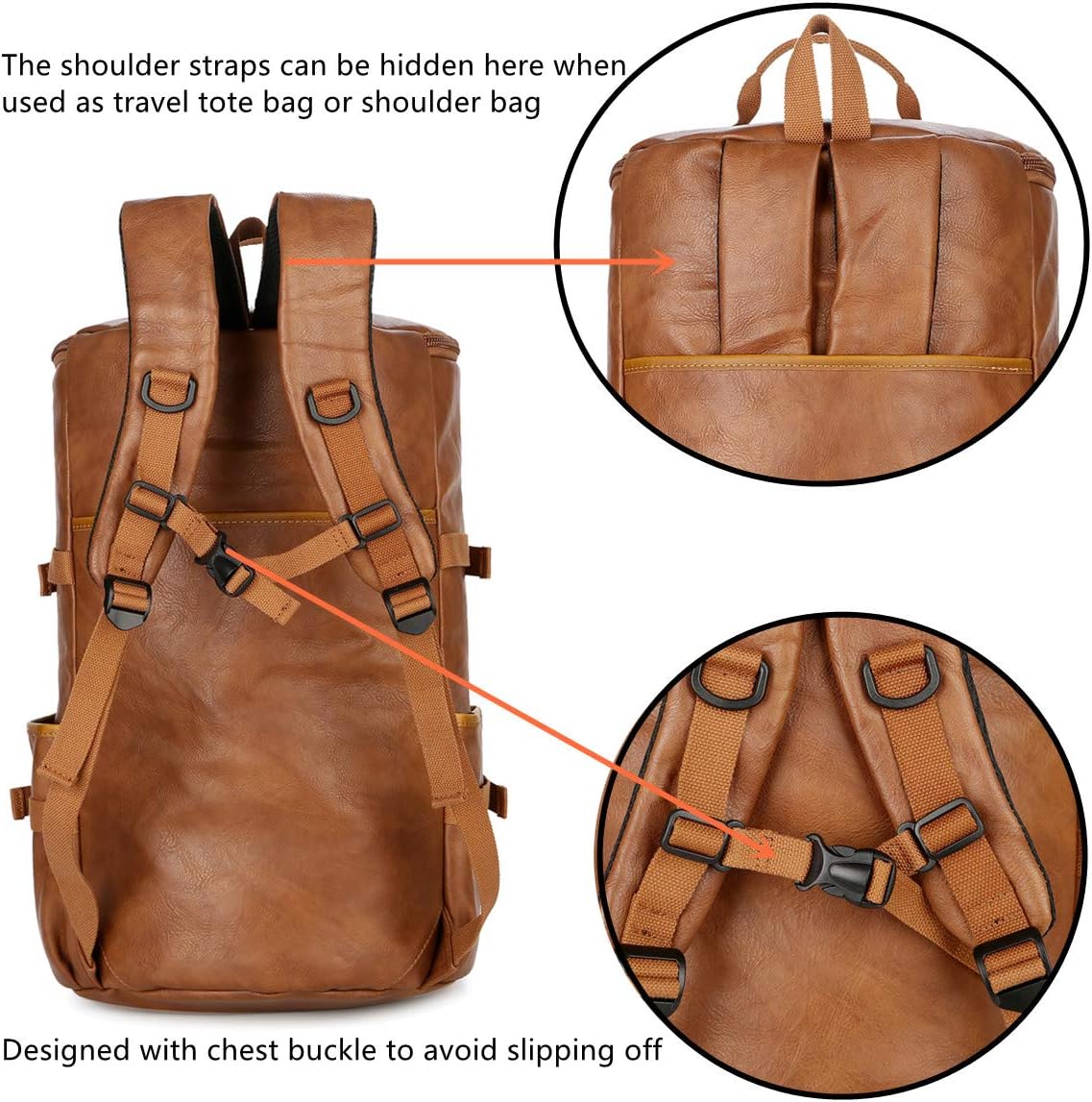 Baosha Stylish Vegan Leather Men Weekender Travel Duffel Tote Bag Backpack Travel Hiking Rucksack Overnight Bag 3-Ways Convertible HB-26 (Brown)